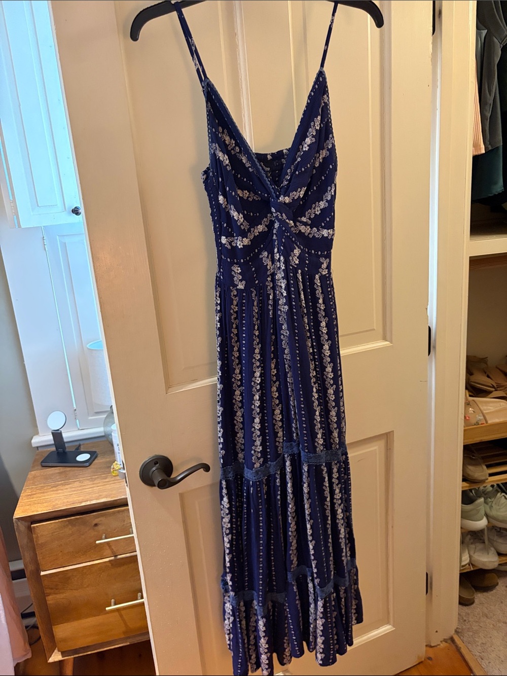 Angie Navy Blue Floral Maxi Dress with Spaghetti Straps